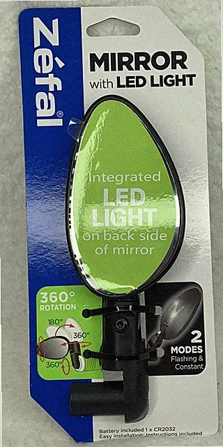 Zefal Bike Mirror w/ LED Flashing Light 360* Rotation Universal Fit Battery Incl